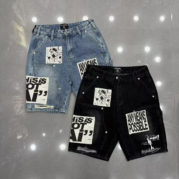 MIXED EMOTION Embroidered Letter Jeans For Men And Women, Loose Straight Washed Vintage Trendy Versatile Shorts_viptrois.com