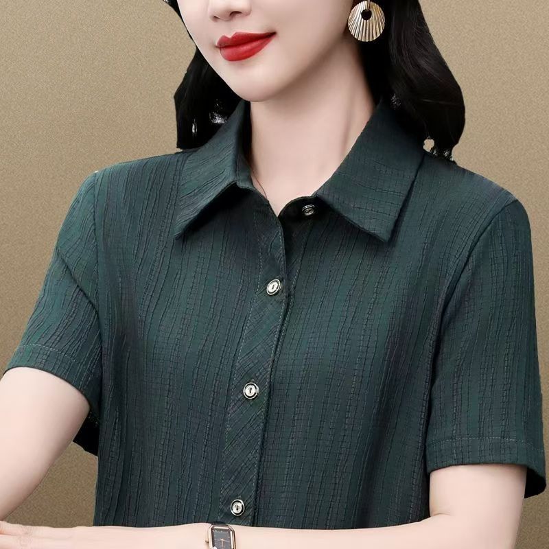 大码短袖衬衫女夏新款提花妈妈装单排扣翻领开衫衬衣宽松胖子上衣