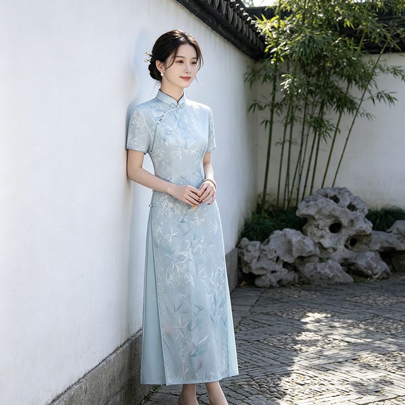 粉色文艺改良奥黛旗袍裙新中式连衣裙夏款日常订婚可绝美减龄2517
