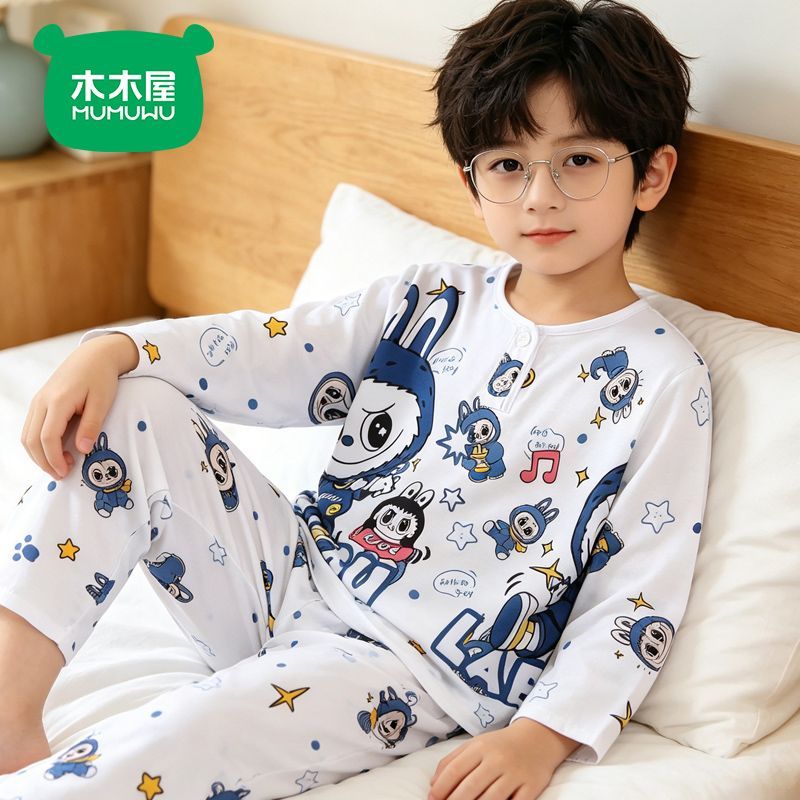 木木屋新款夏季儿童睡衣女孩中大童棉绸套装男童短袖家居服哪吒款
