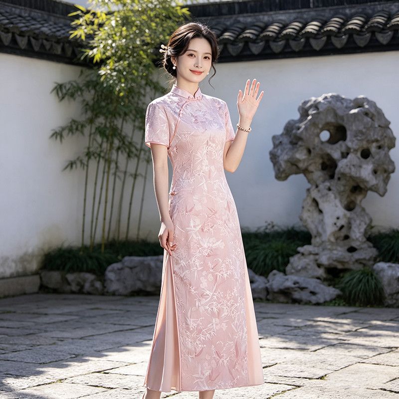 粉色文艺改良奥黛旗袍裙新中式连衣裙夏款日常订婚可绝美减龄2517