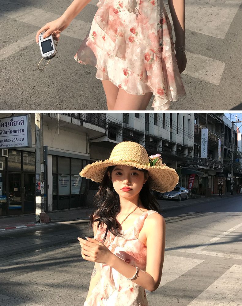 French Floral Print Ruffle Strap Waist Cinched Pink Mini Dress Women Sweet Beach Vacation Summer Sundress_voghion.com