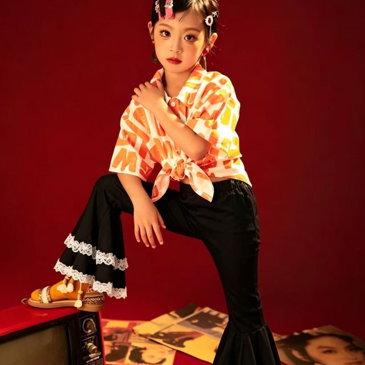 Completo da spettacolo per bambine in stile retrò di Hong Kong per la festa dei bambini, pantaloni a zampa d'elefante elasticizzati per danza, jazz, nostalgico_voghion.com
