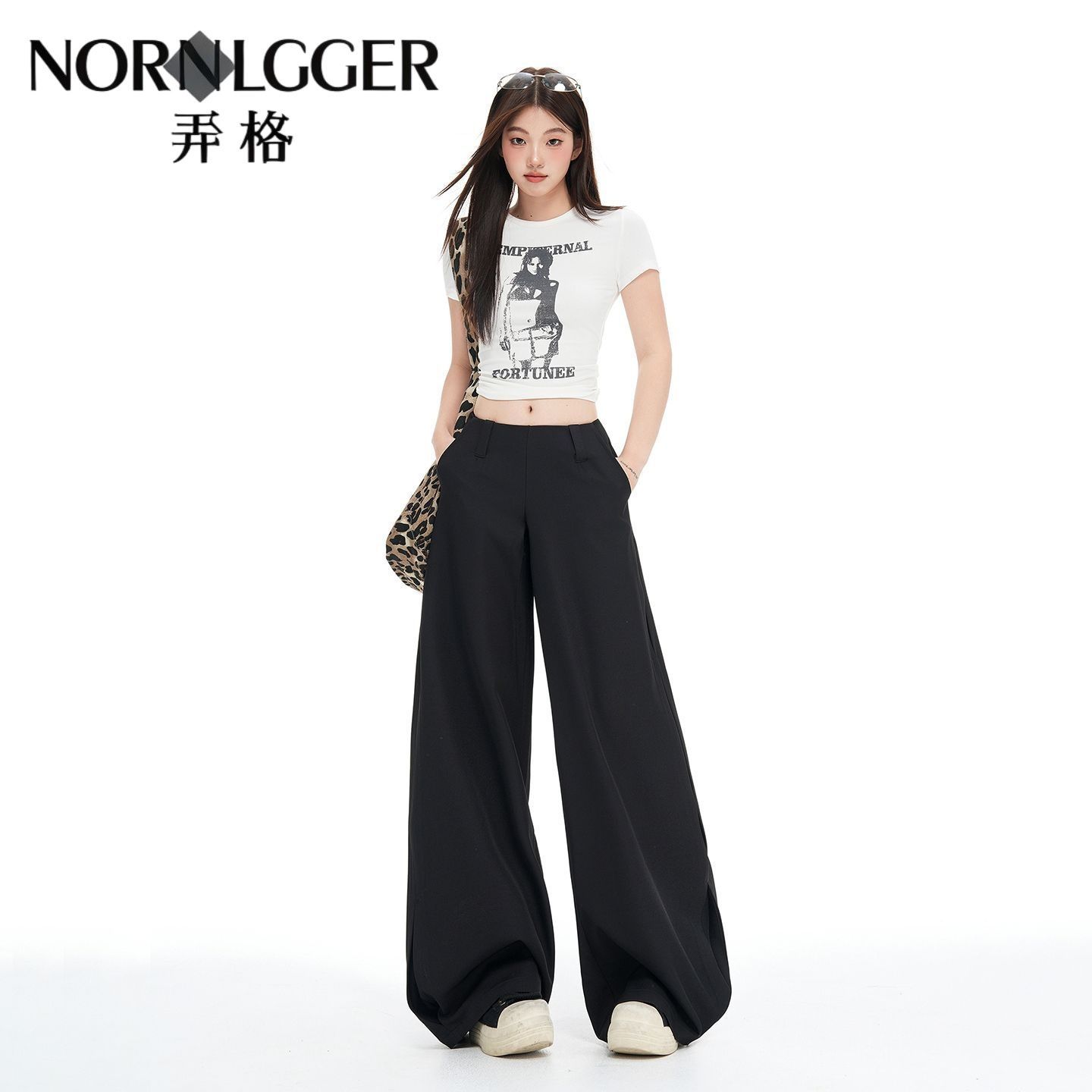 弄格美式黑色低腰垂坠感阔腿西装休闲裤女夏季薄款宽松垂感长裤子 图片 3