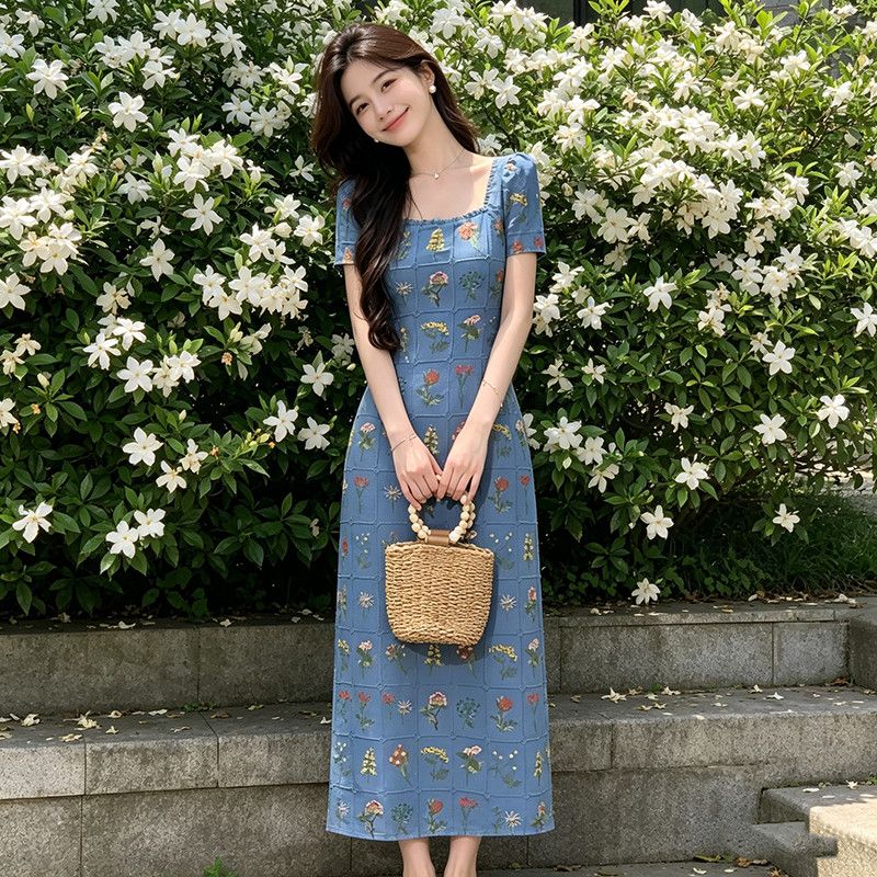 2025年新款清新通勤法式设计感气质花朵长款连衣裙夏新品长裙2512