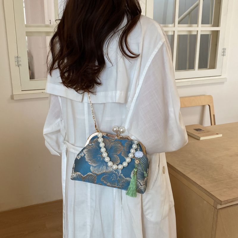 Borsa a tracolla casual ed elegante con catena di perle e chiusura a scatto, nuova borsa a conchiglia ricamata in stile cinese._voghion.com