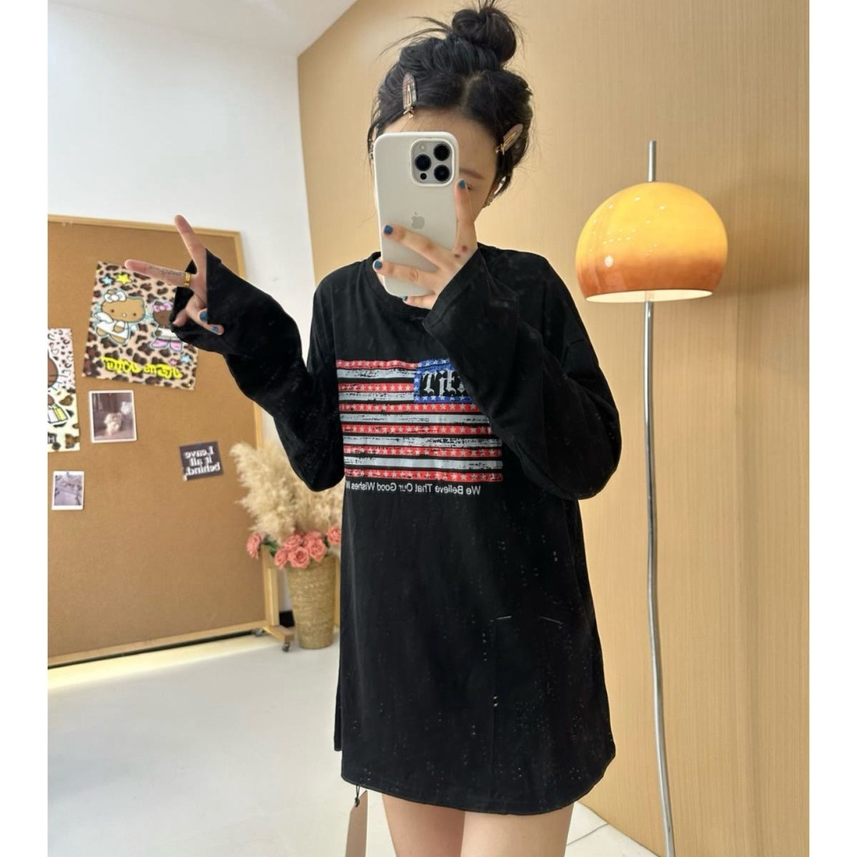 Amerikanisches Retro Langarmshirt Mit Buchstaben Für Damen_voghion.com