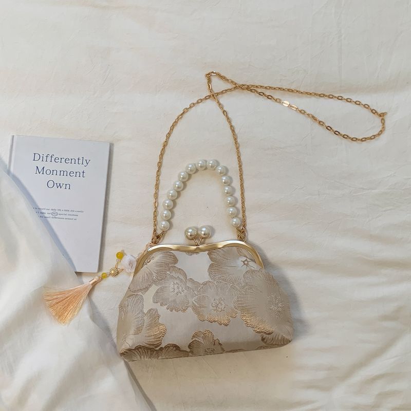 Borsa a tracolla casual ed elegante con catena di perle e chiusura a scatto, nuova borsa a conchiglia ricamata in stile cinese._voghion.com