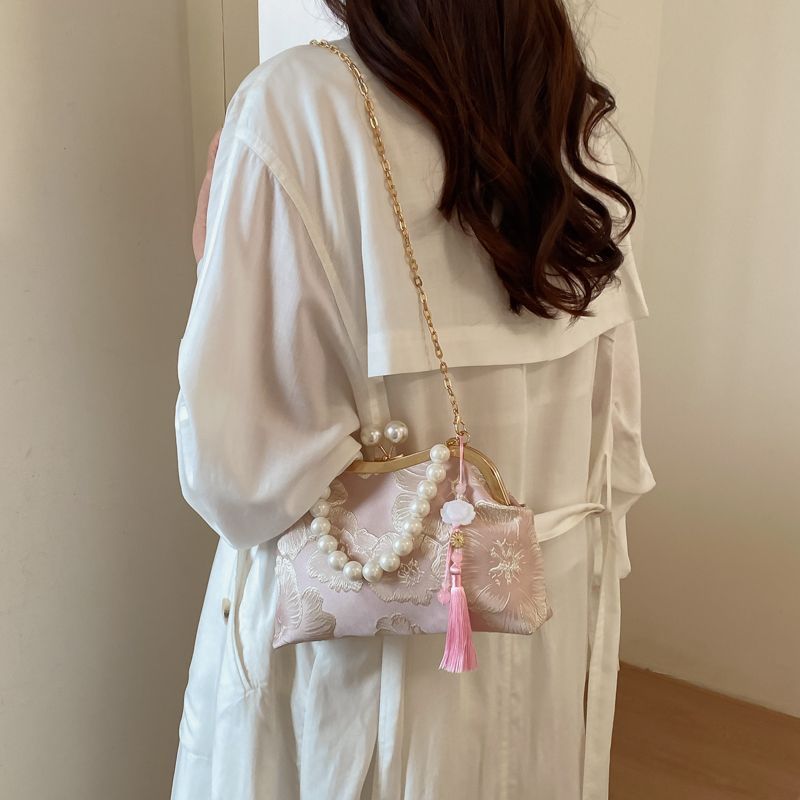 Borsa a tracolla casual ed elegante con catena di perle e chiusura a scatto, nuova borsa a conchiglia ricamata in stile cinese._voghion.com
