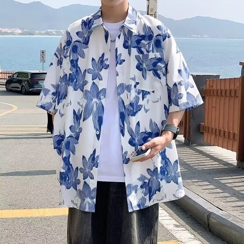 2026新款水墨画短袖衬衫男士夏季冰丝薄款休闲宽松潮流沙滩花衬衣