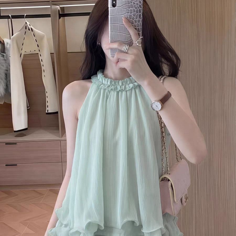 百搭夏季甜美立体花朵挂脖背心女温柔设计感气质显瘦蓬蓬无袖上衣 图片 4