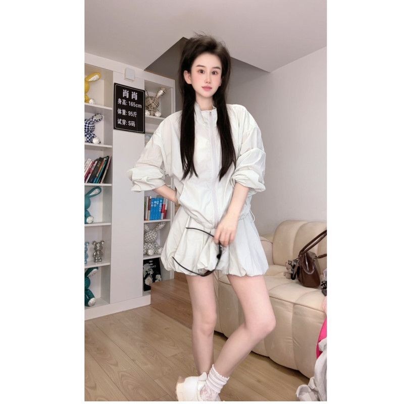 花苞裙套装女2026夏季韩系绿色甜美防晒衣薄外套松紧腰短裙两件套