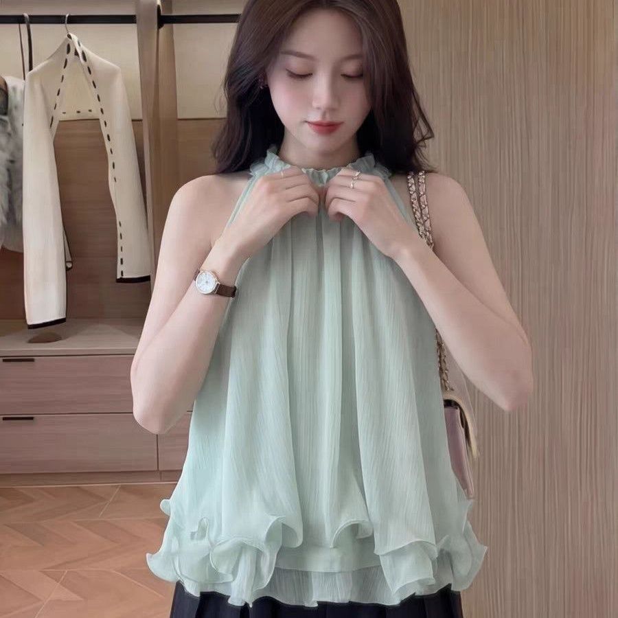 百搭夏季甜美立体花朵挂脖背心女温柔设计感气质显瘦蓬蓬无袖上衣