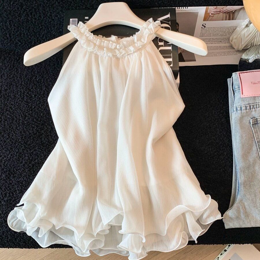 百搭夏季甜美立体花朵挂脖背心女温柔设计感气质显瘦蓬蓬无袖上衣 图片 6