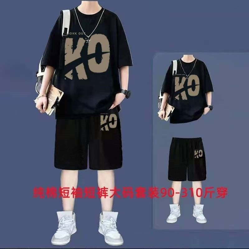 纯棉加肥加大短袖套装男士夏季肥大两件套休闲运动短裤男生一套