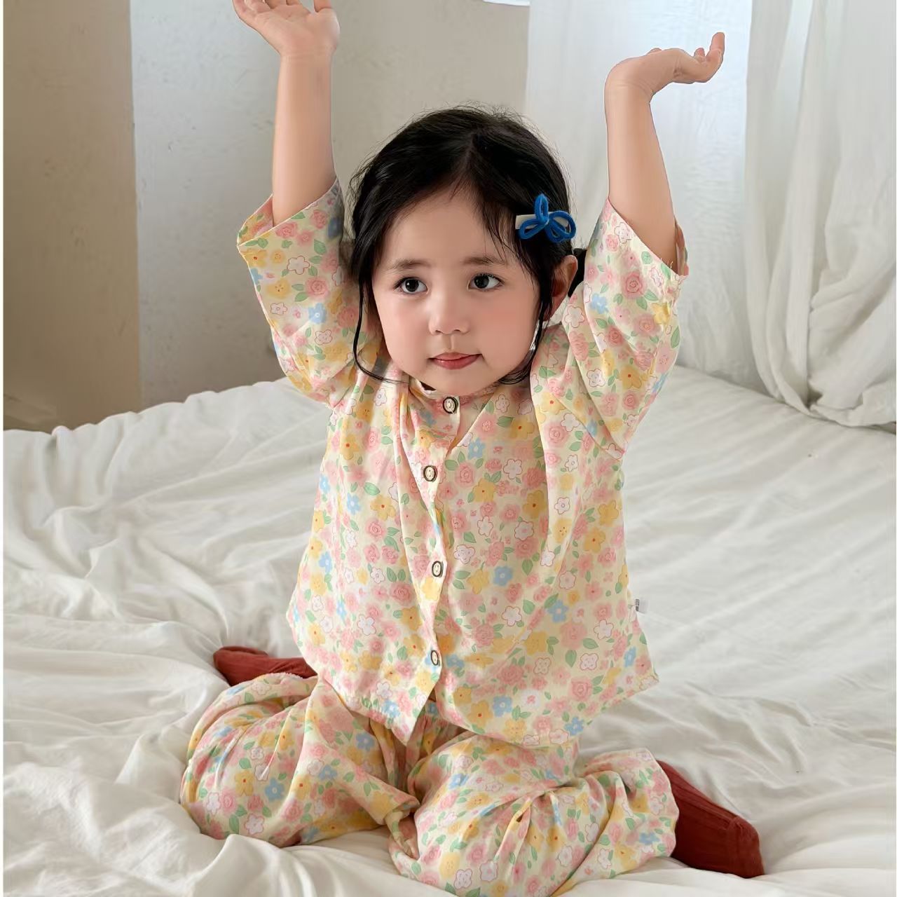 儿童棉绸夏季睡衣男童女童小孩薄款绵绸空调服中童大孩家居服套装
