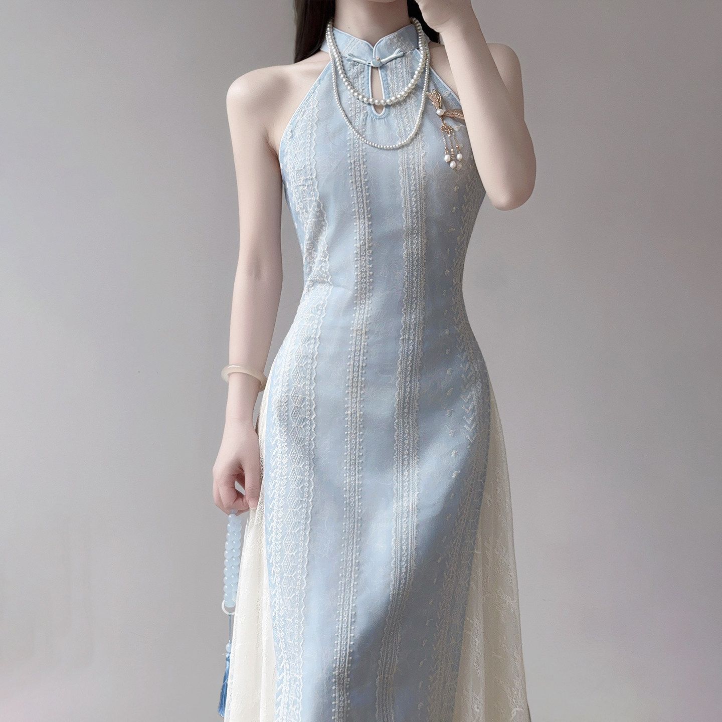 【预售15天】MOOUNCUNS/莫纯2026新款蓝色清冷感修身气质新中式少女国风连衣裙