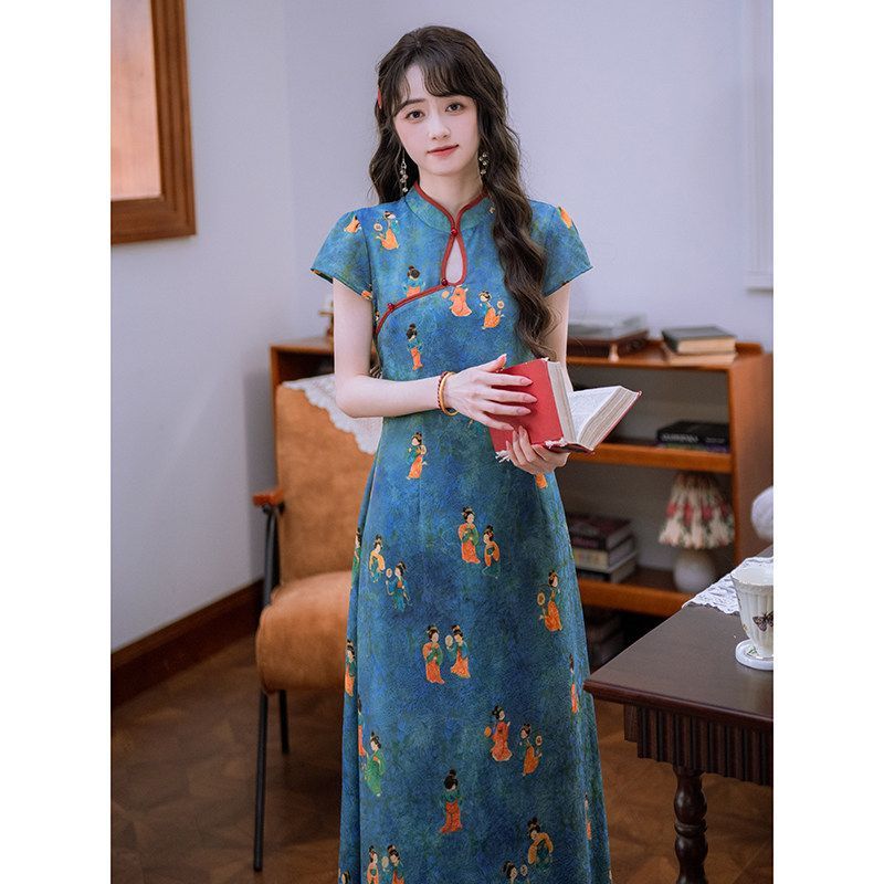 【预售15天】MOOUNCUNS/莫纯复古唐风仕女新中式改良旗袍浮光锦大摆连衣裙女