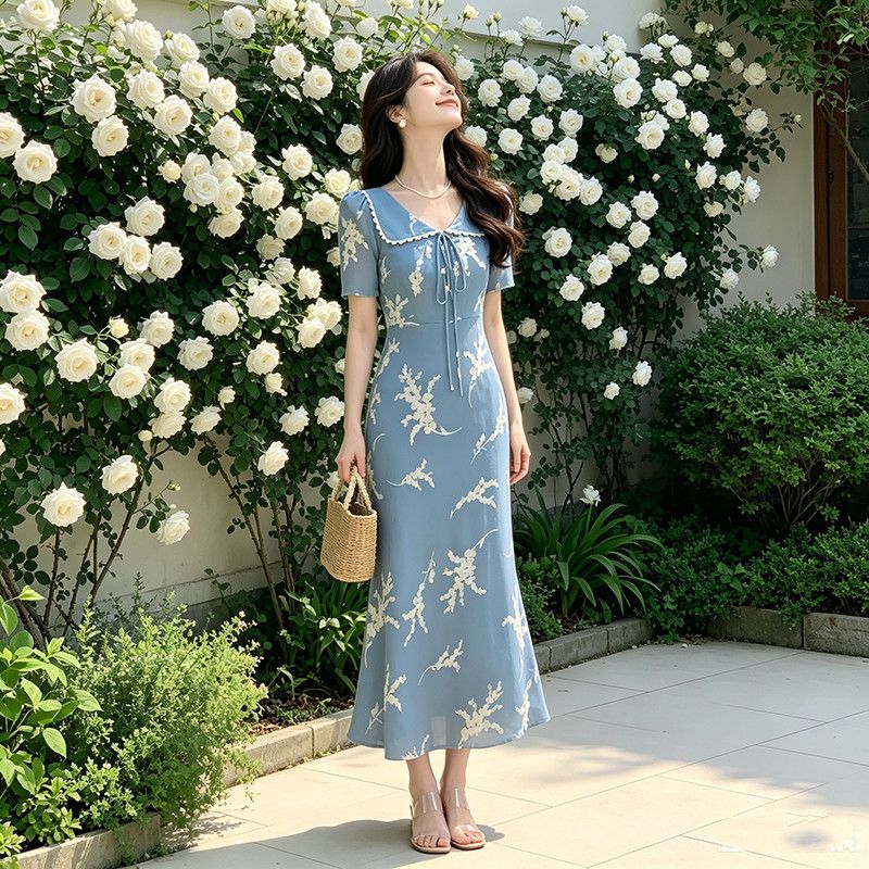 改良旗袍法式度假风淑女长裙年夏新品气质优雅碎花鱼尾连衣裙2523