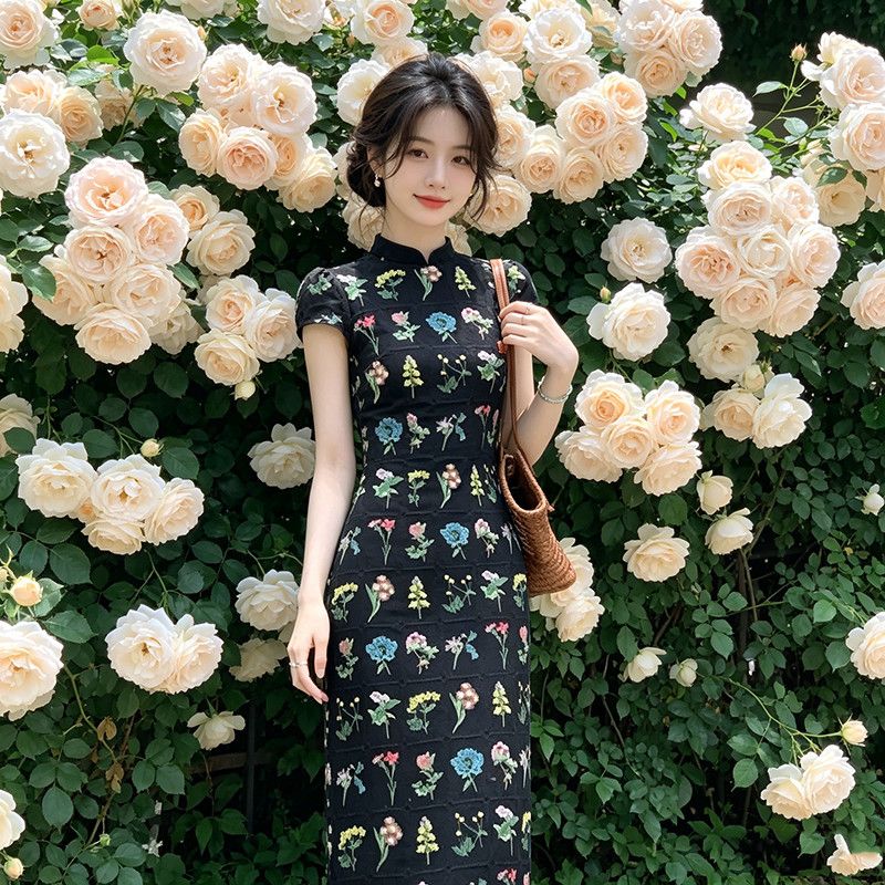 新中式改良旗袍国风长裙年夏新品蓝色气质重工旗袍日常连衣裙2531