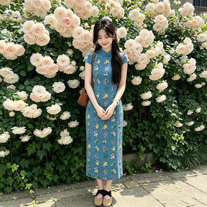 新中式改良旗袍国风长裙年夏新品蓝色气质重工旗袍日常连衣裙2531