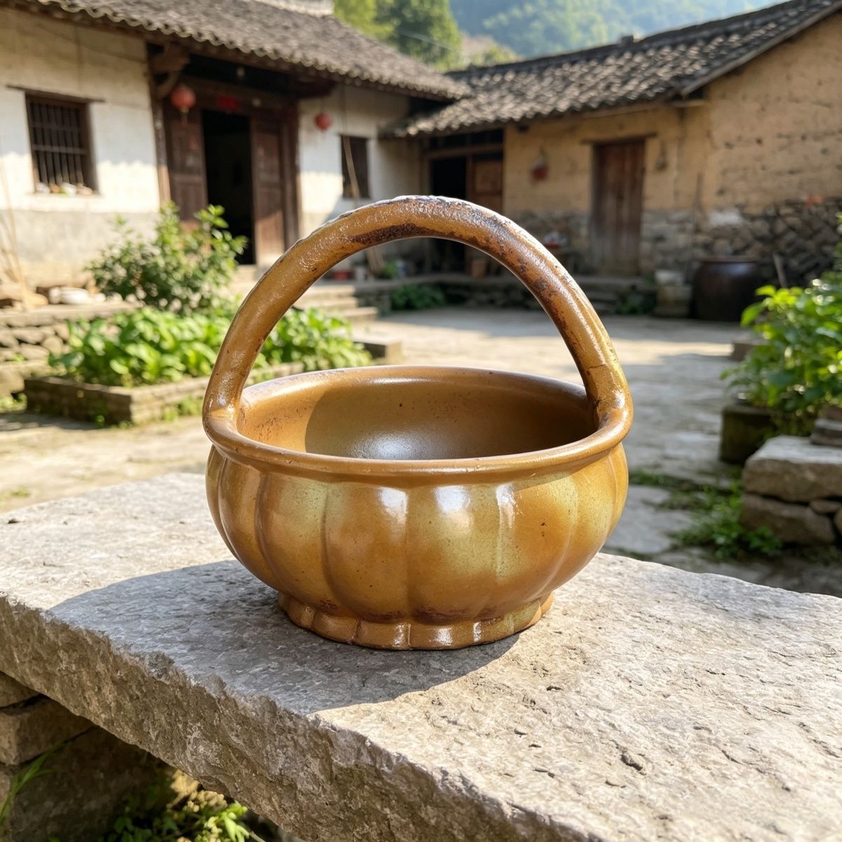 创意紫砂口径复古手工提篮多肉花盆柴烧透气绿植粗陶老桩花篮提梁