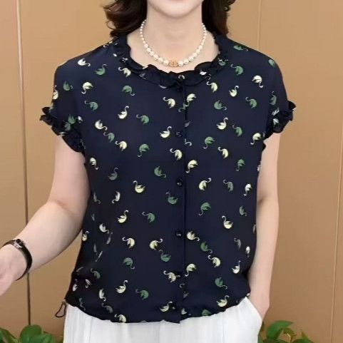 (无抽绳)2夏季新款时尚花边设计洋气妈妈装气质百搭休闲短袖套头