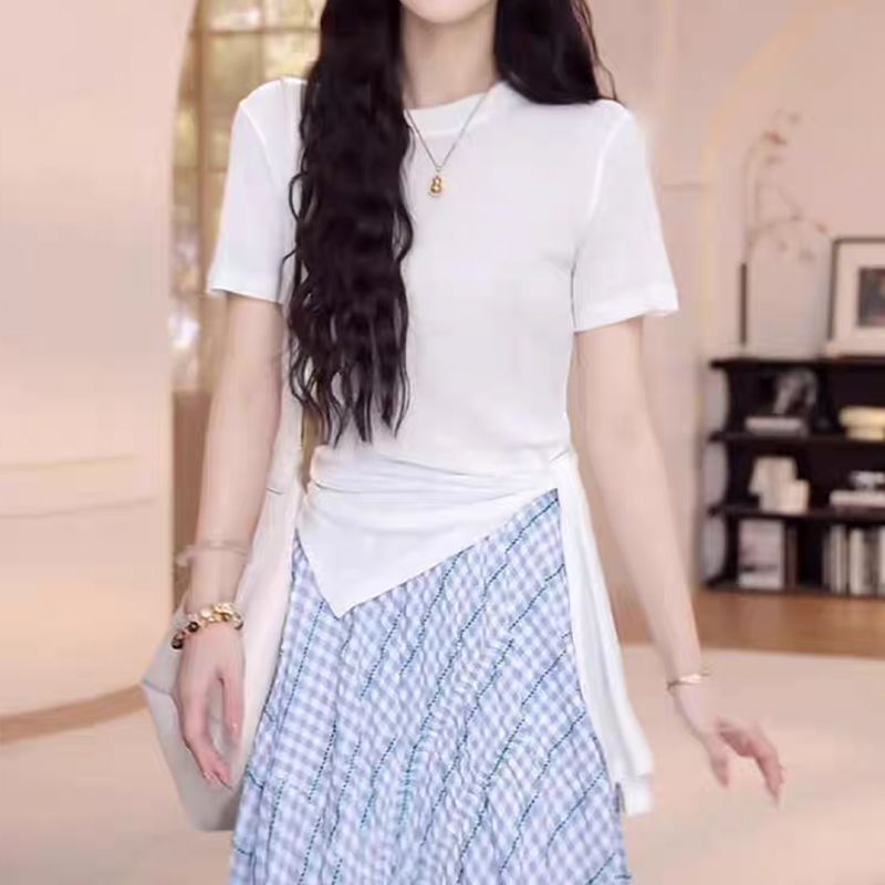 现货圆领设计感系带短袖T恤女纯色百搭上衣 YD001