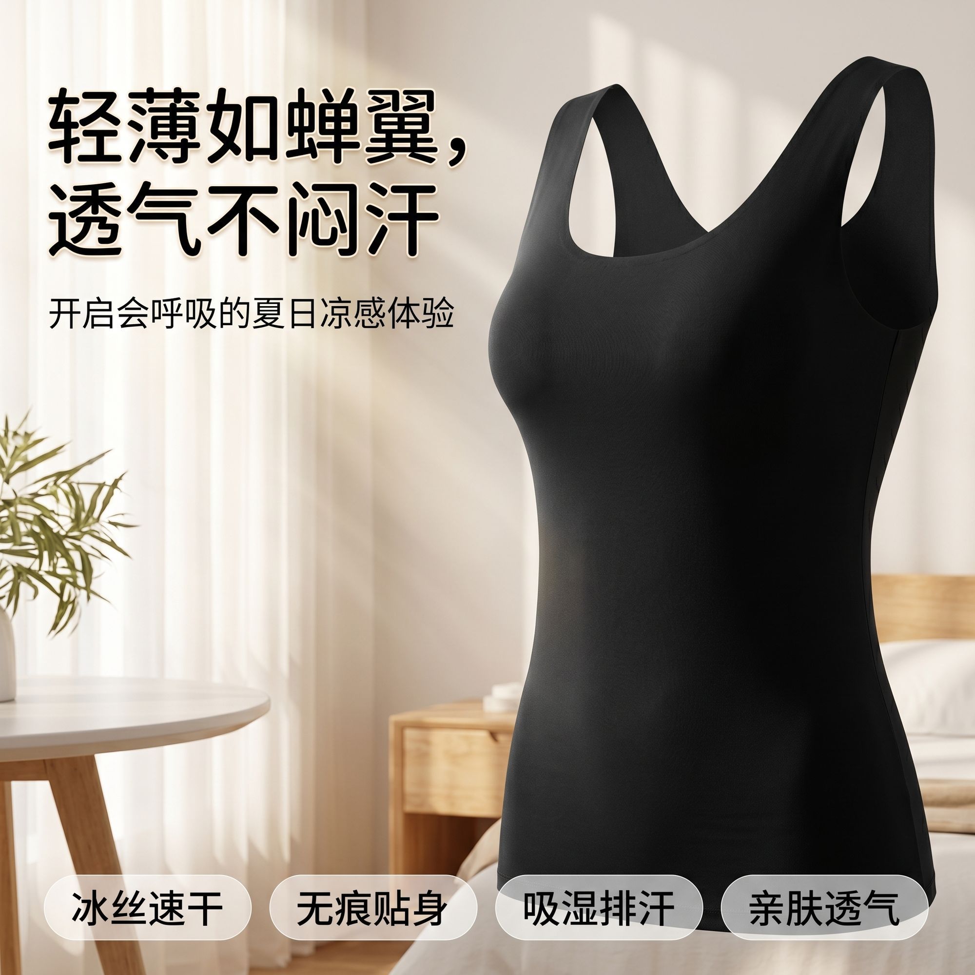 夏季爆款透气无痕背心女士内穿圆领打底白色内搭冰丝薄款小吊带