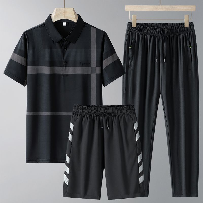 中老年夏装冰丝POLO套装男士休闲夏季父亲节送爸爸翻领短袖三件套