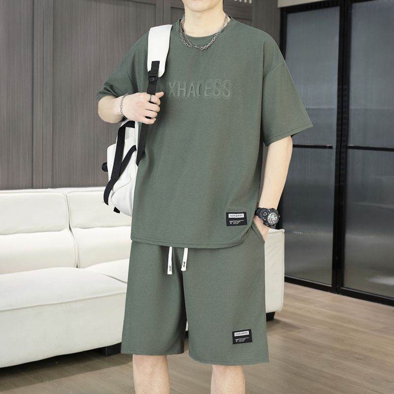 ins潮牌休闲速干套装男生夏季印花短袖T恤短裤酷帅宽松显瘦一整套