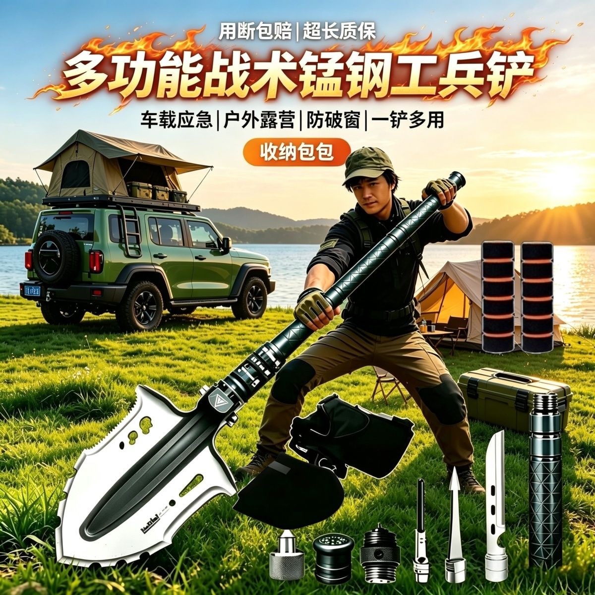 户外多功能车载工兵铲折叠加厚锰钢多用途挖土砍削锯割一体用途