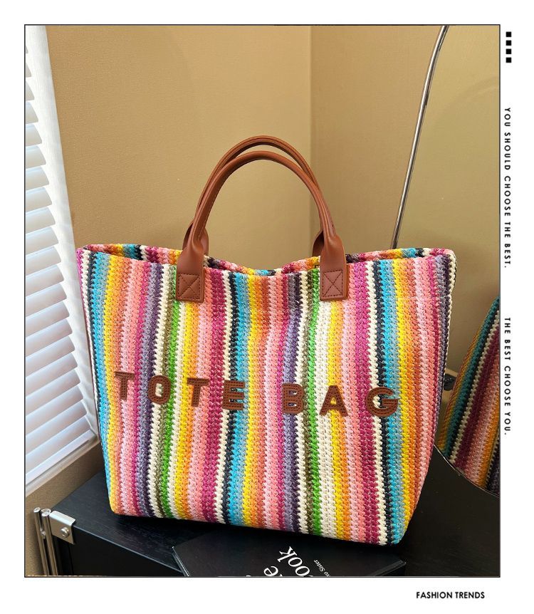 Gestreept geweven dames tas grote shopper schoudertas van stro_voghion.com