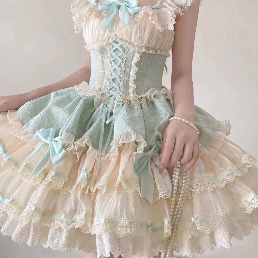 2026年最新新作 蝶 ブルーグリーン フレンチドール かわいい エレガント バレエ ケーキ ワンピース Lolita cos メイド服