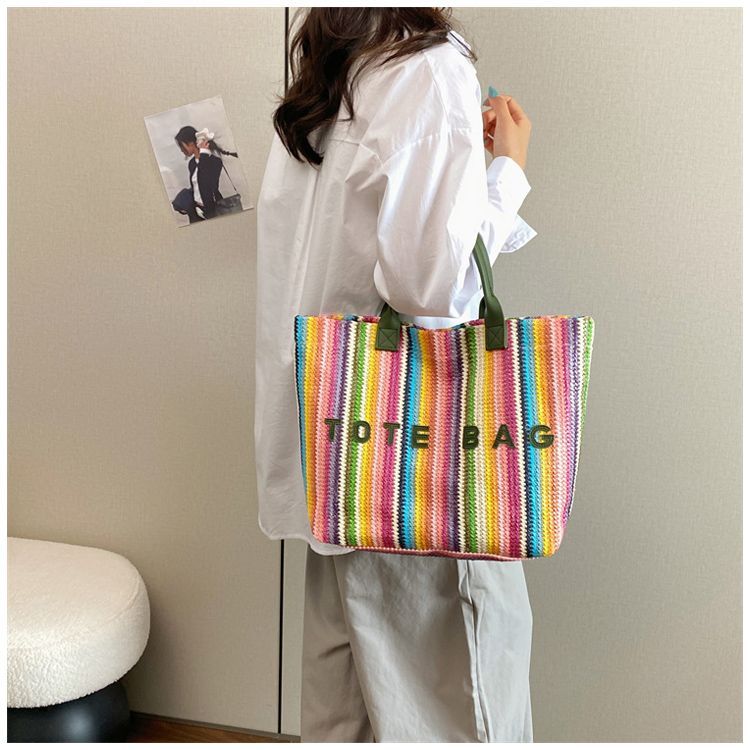 Gestreept geweven dames tas grote shopper schoudertas van stro_voghion.com