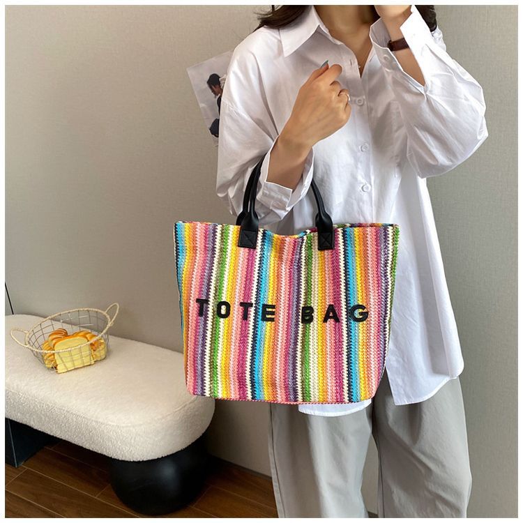 Gestreept geweven dames tas grote shopper schoudertas van stro_voghion.com