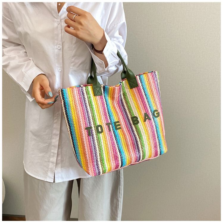 Gestreept geweven dames tas grote shopper schoudertas van stro_voghion.com