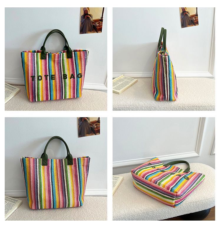 Gestreept geweven dames tas grote shopper schoudertas van stro_voghion.com