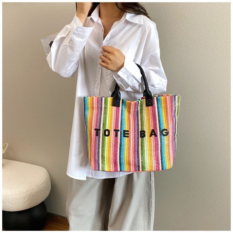 Gestreept geweven dames tas grote shopper schoudertas van stro_voghion.com
