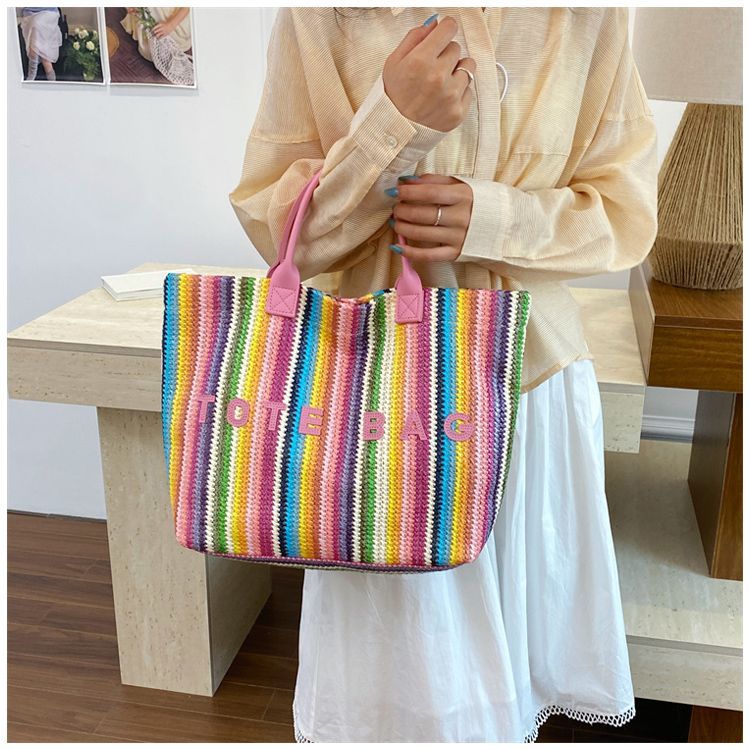 Gestreept geweven dames tas grote shopper schoudertas van stro_voghion.com
