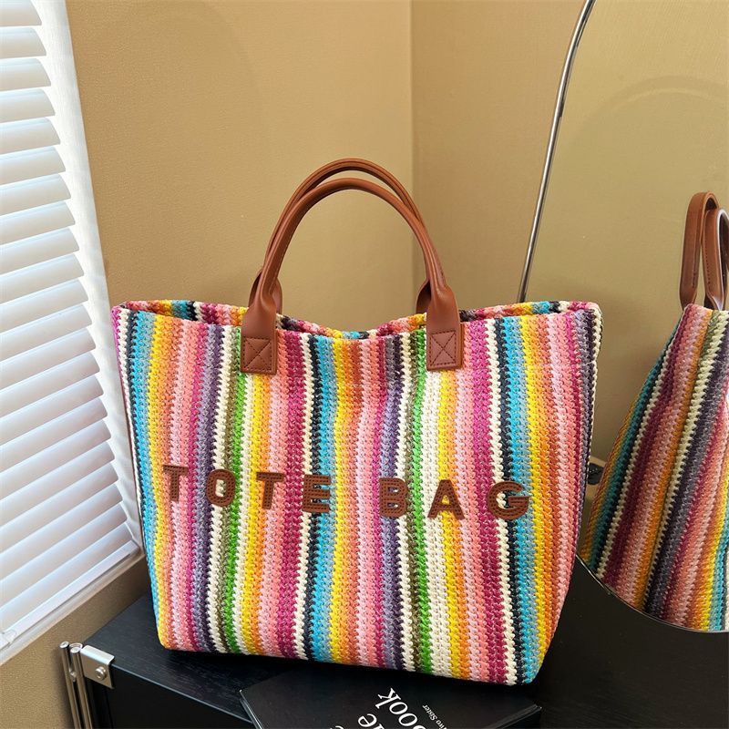 Gestreept geweven dames tas grote shopper schoudertas van stro_voghion.com