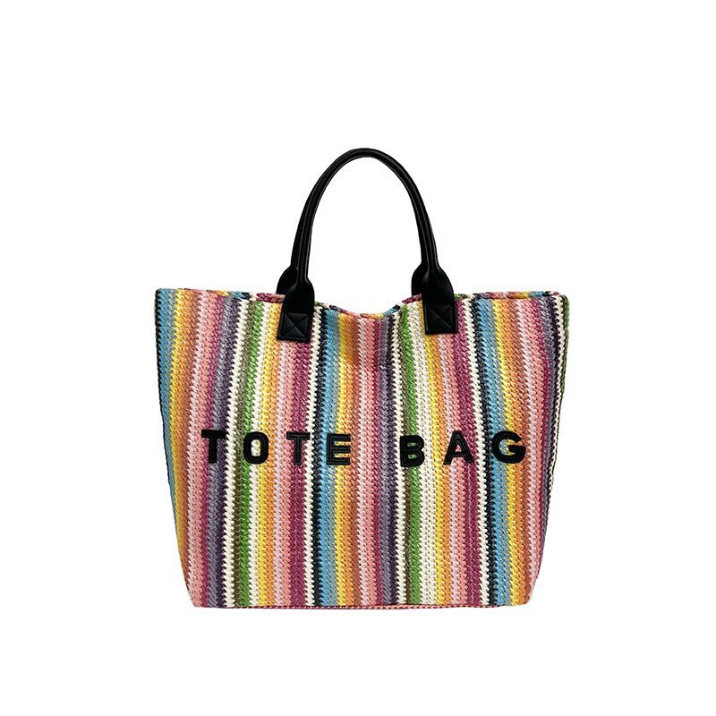Veelzijdige nieuwe gestreepte geweven tas voor dames, ruime draagtas, modieuze rieten tas voor woon-werkverkeer_voghion.com