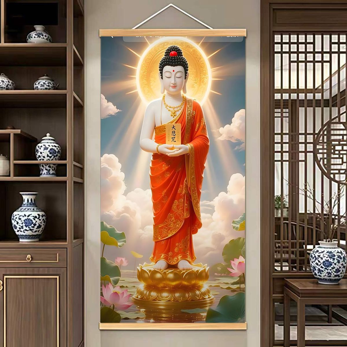 西方三圣佛像实木卷轴挂画新中式客厅玄关书房茶室禅意国风装饰画 detail 3