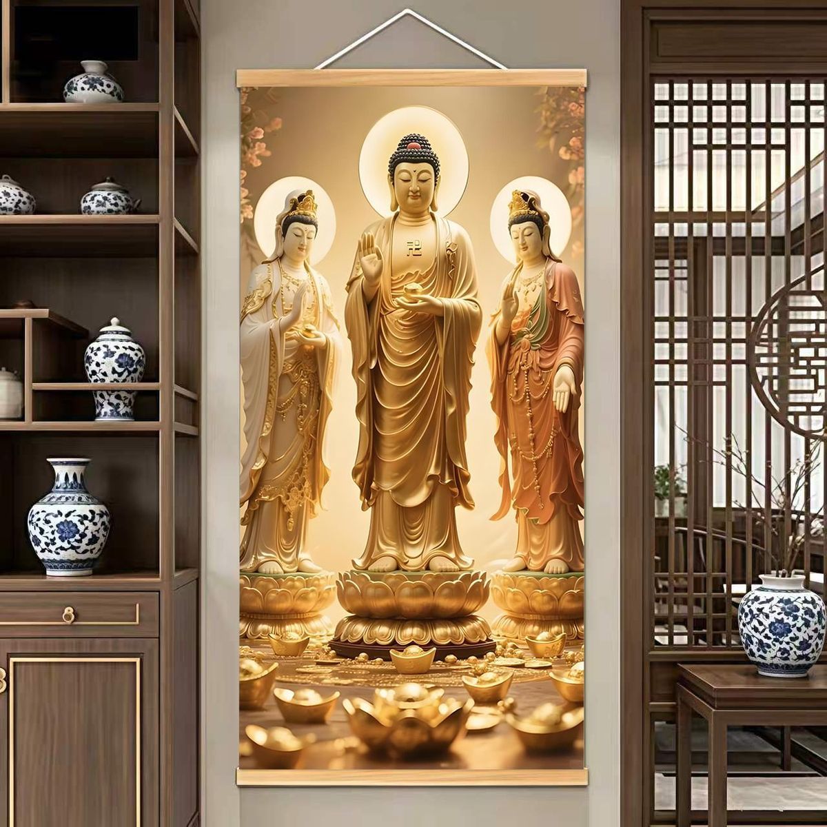 西方三圣佛像实木卷轴挂画新中式客厅玄关书房茶室禅意国风装饰画 3