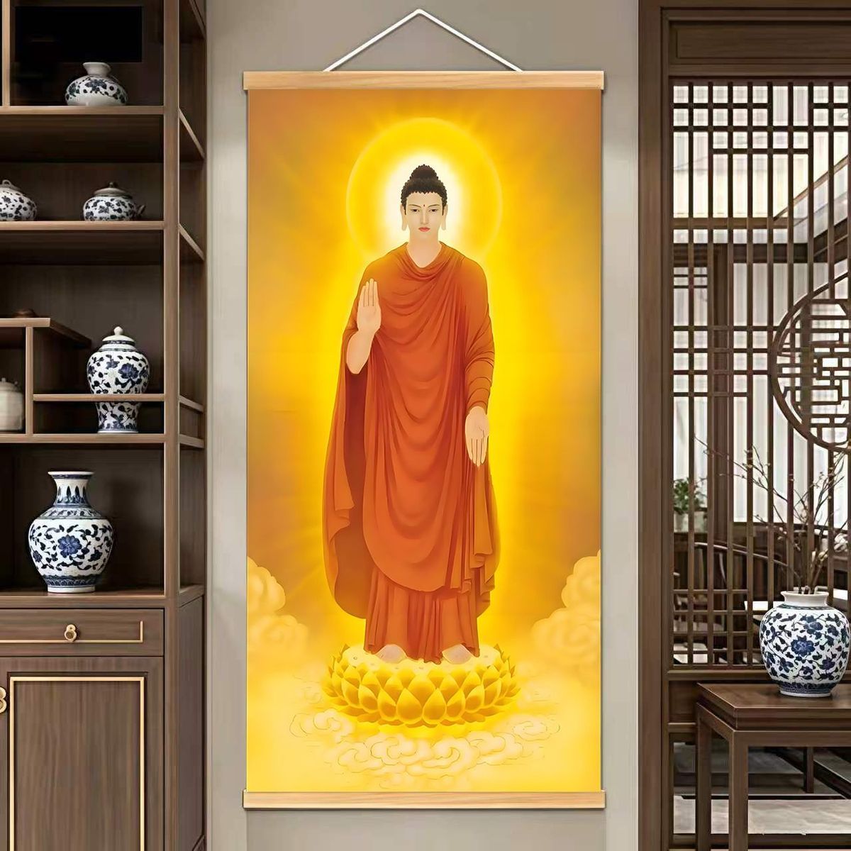 西方三圣佛像实木卷轴挂画新中式客厅玄关书房茶室禅意国风装饰画 detail 2