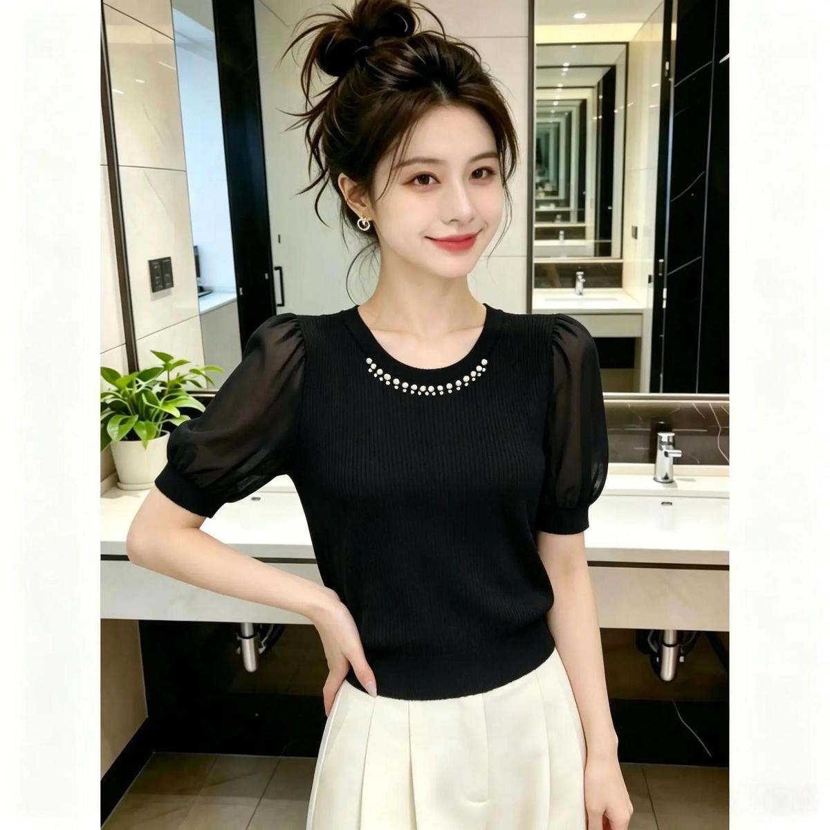 Elegant, High-end, Comfortable, Commuter-style, Heavy-duty Beaded Round-neck Short-sleeve Chiffon Blouse For Women,_ecoleips.com