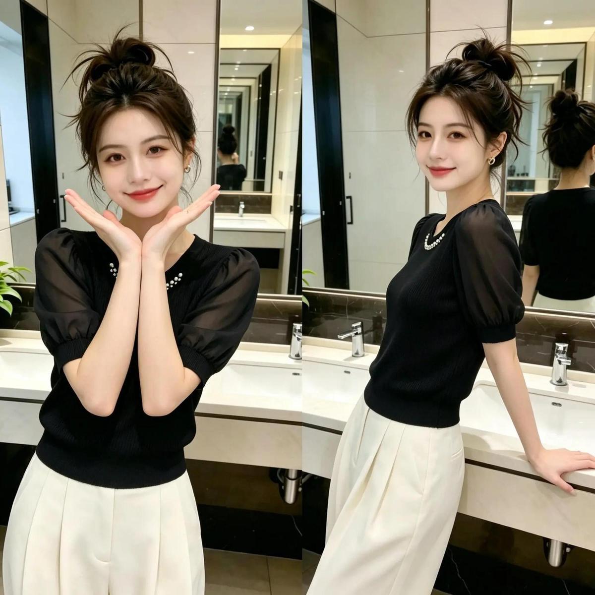 Elegant, High-end, Comfortable, Commuter-style, Heavy-duty Beaded Round-neck Short-sleeve Chiffon Blouse For Women,_ecoleips.com