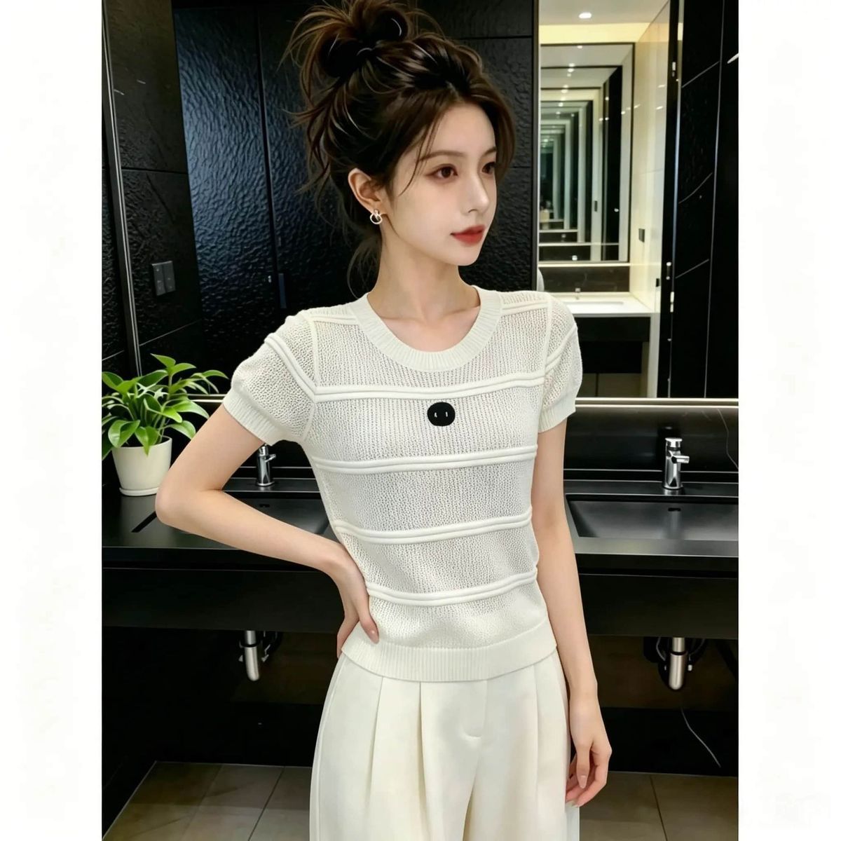 White Striped Short-sleeve Knit For Women, 2026 Summer New Style, Slim-fit, Round-neck, Fashionable, Hollow-out,_ecoleips.com