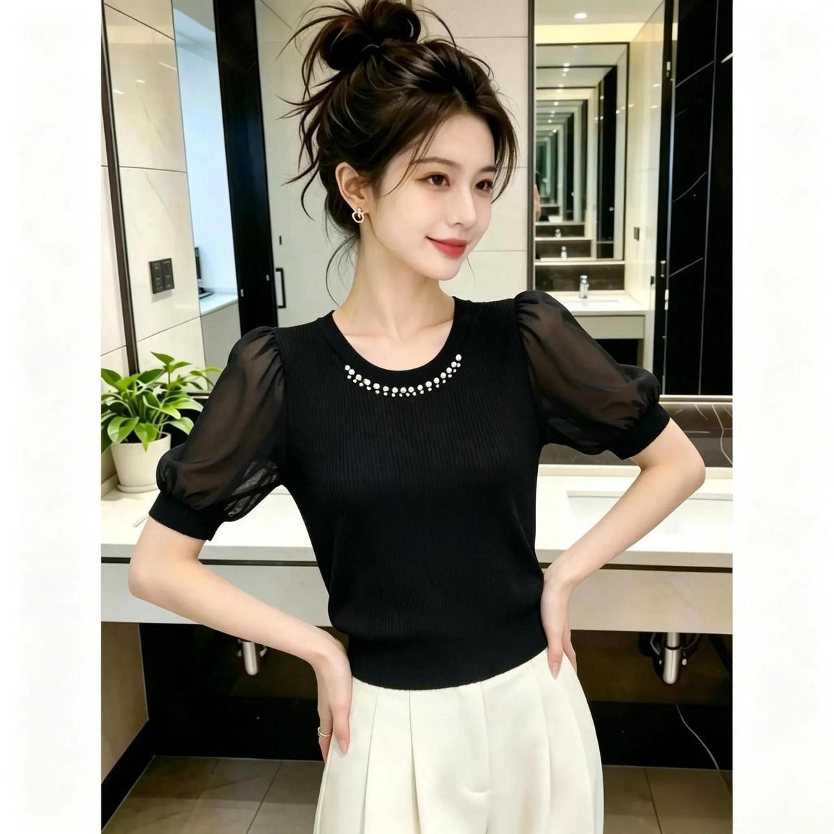 Elegant, High-end, Comfortable, Commuter-style, Heavy-duty Beaded Round-neck Short-sleeve Chiffon Blouse For Women,_ecoleips.com