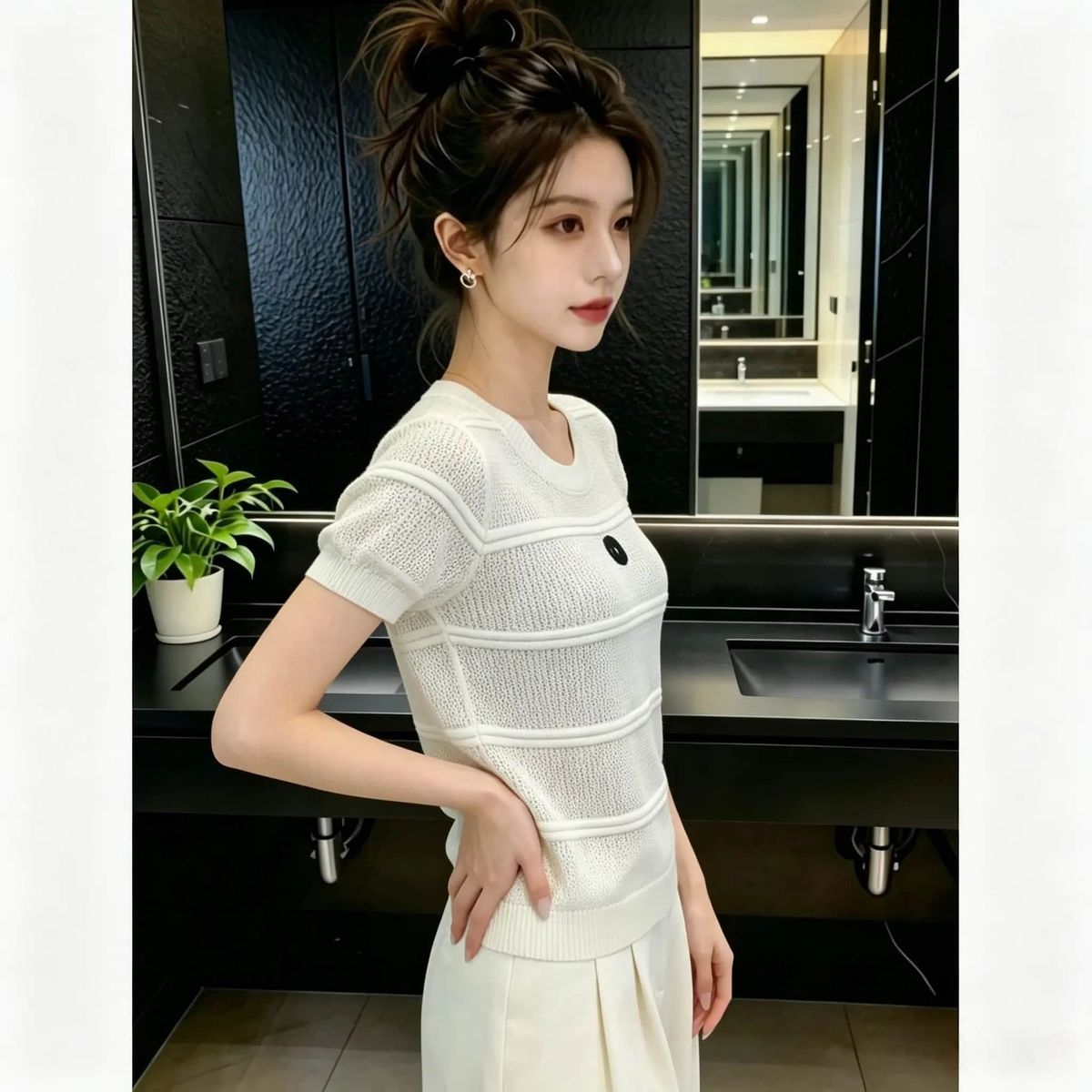 White Striped Short-sleeve Knit For Women, 2026 Summer New Style, Slim-fit, Round-neck, Fashionable, Hollow-out,_ecoleips.com